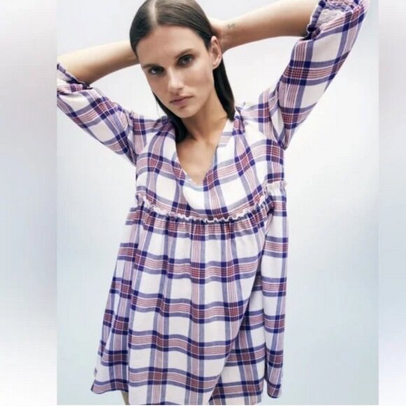 ZARA linen-blend plaid babydoll tunic dress, Small. - Picture 9 of 9
